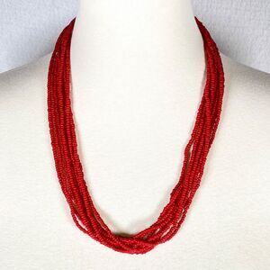 Vtg Trifari Statement Necklace Multi Strand Red Seed Beaded Intricate Layered
